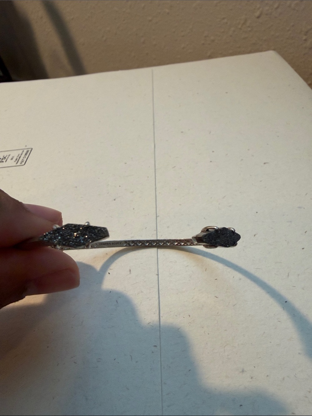 Kendra Scott Silver Open Cuff Bracelet with Dark Gray Druzy Ends